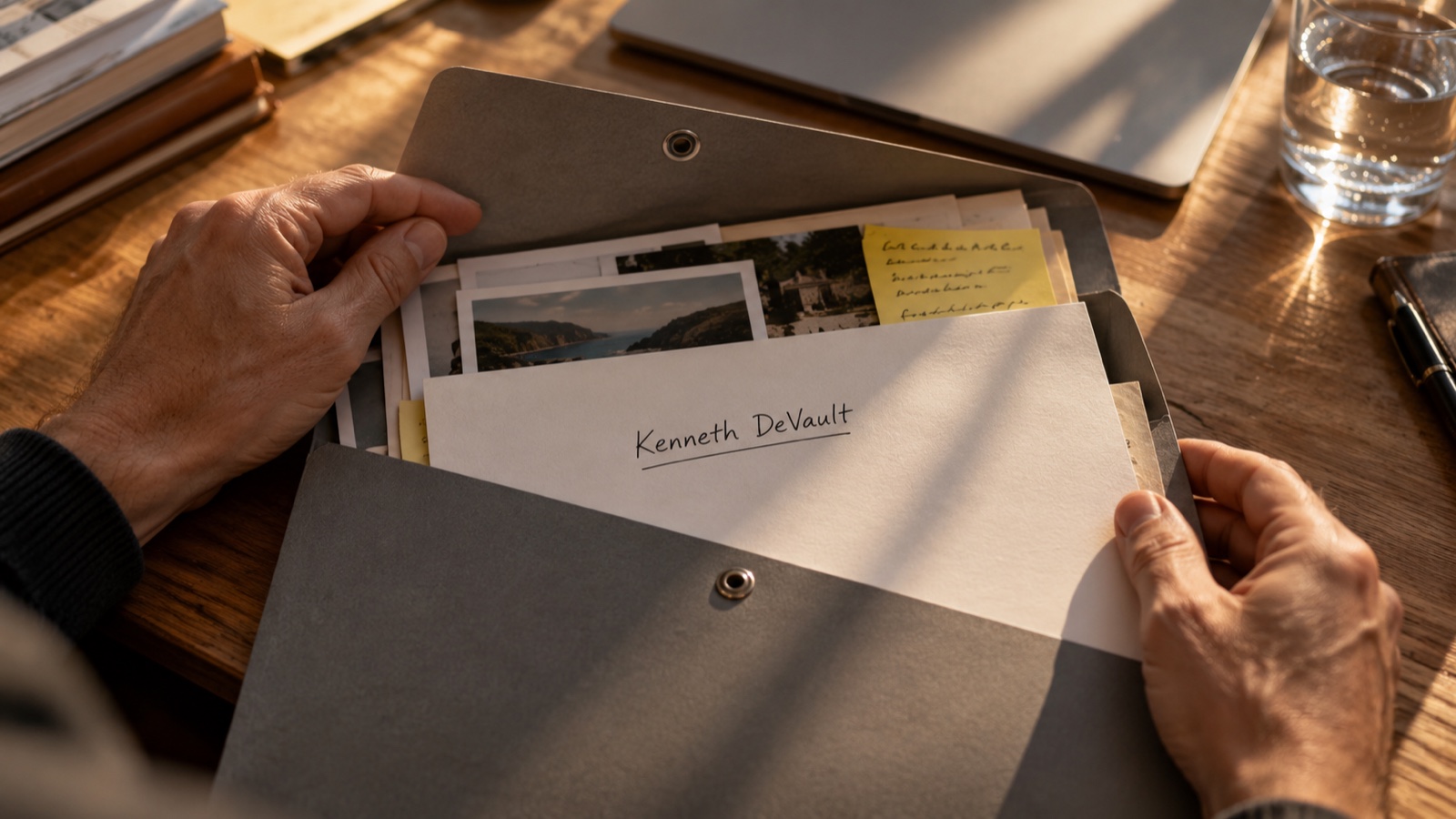 Hands opening a folder on a desk, revealing a printed sheet with the name Kenneth De Vault