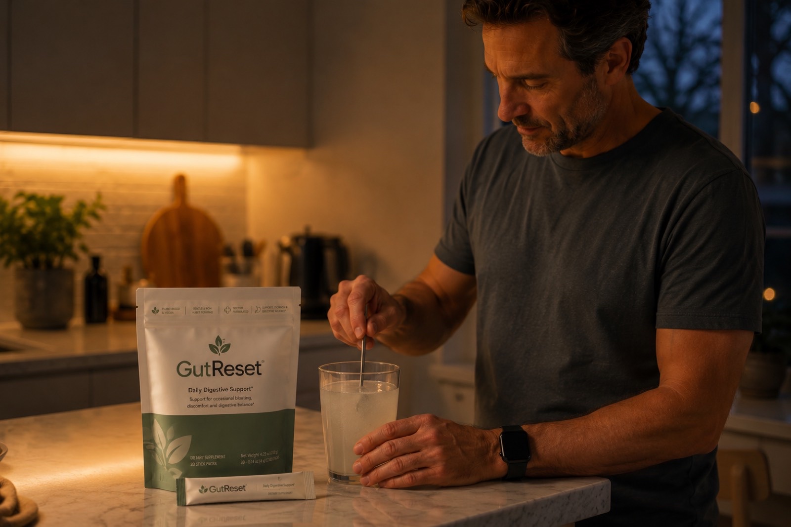 Man mixing a GutReset stick pack into a glass of water in his kitchen at night