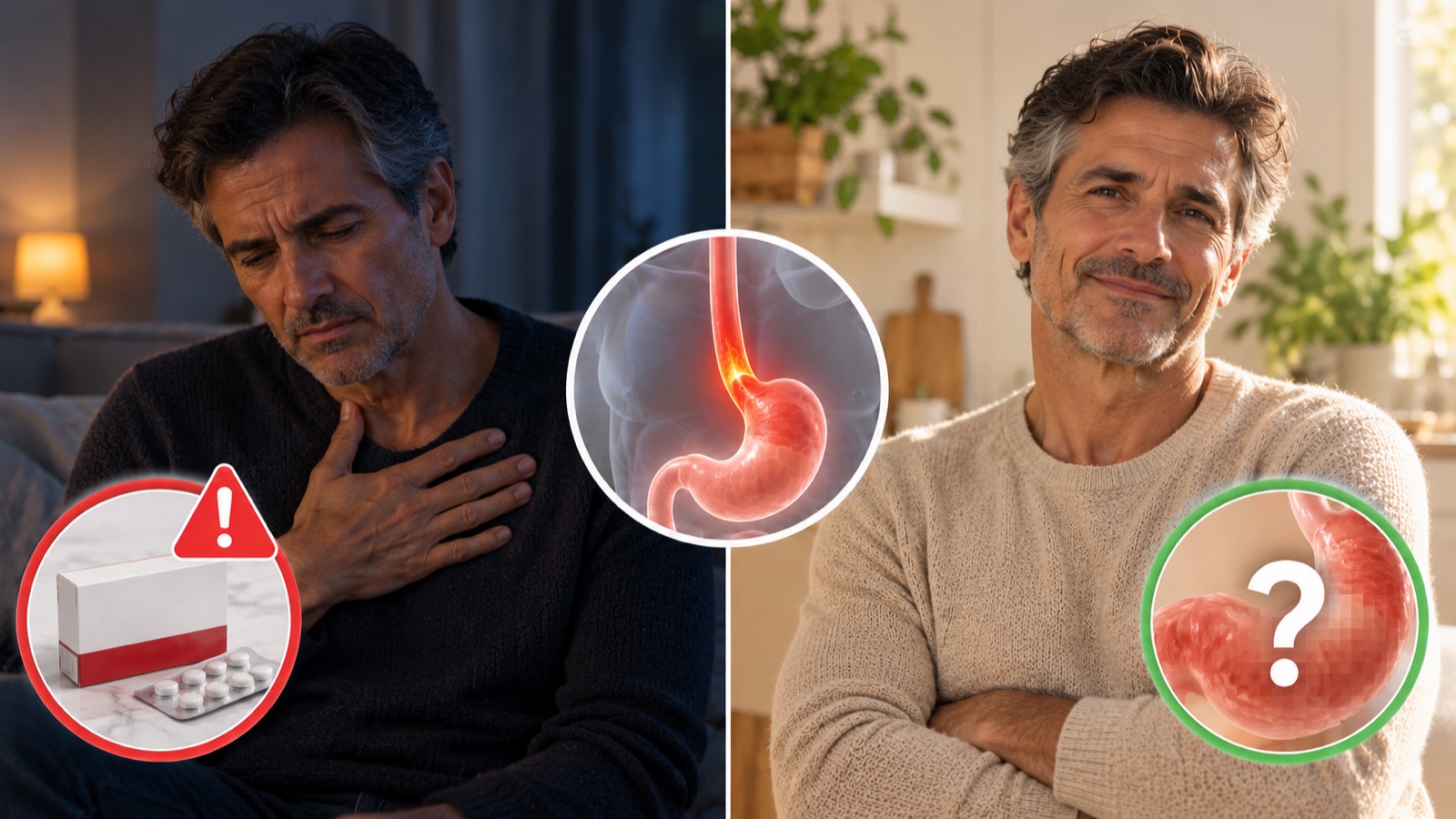 Split image: a person in discomfort with acid reflux symptoms on one side, relieved and confident on the other, with an illustration of the esophagus in the middle