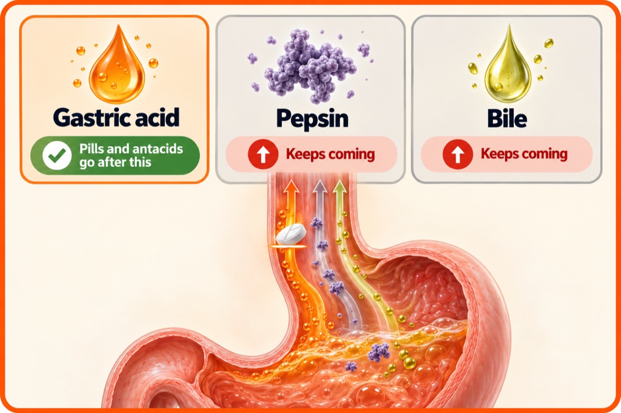 Infographic showing gastric acid, pepsin and bile all flowing up the esophagus, with a note that pills and antacids only address the acid