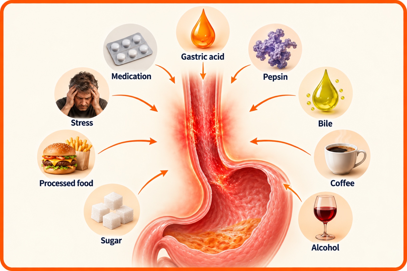 Infographic showing the esophagus under daily attack from gastric acid, pepsin, bile, medication, stress, processed food, sugar, coffee and alcohol