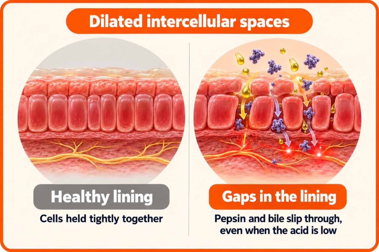 Infographic comparing a healthy lining with cells held tightly together to a lining with dilated intercellular spaces, where pepsin and bile slip through the gaps