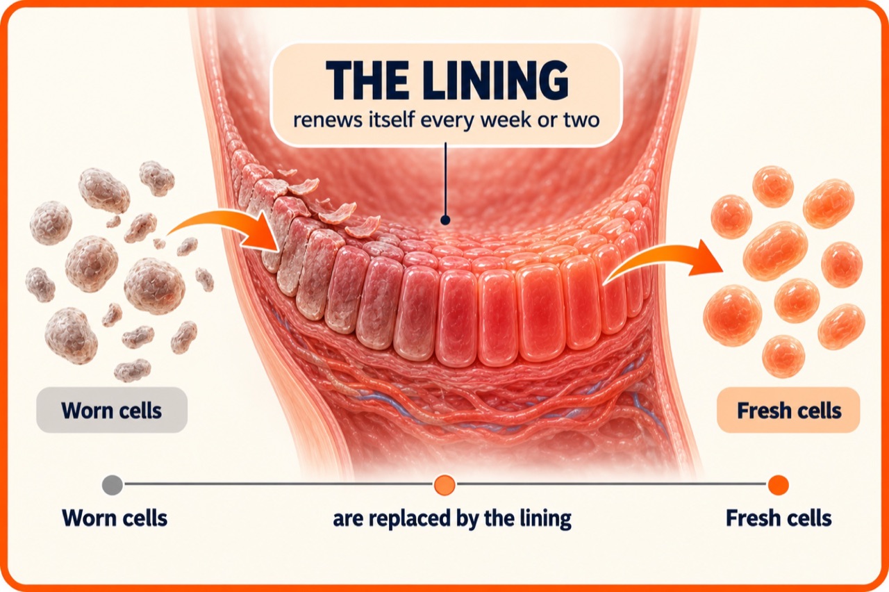 Infographic showing the esophagus lining renewing itself every week or two, as worn cells are replaced by fresh cells