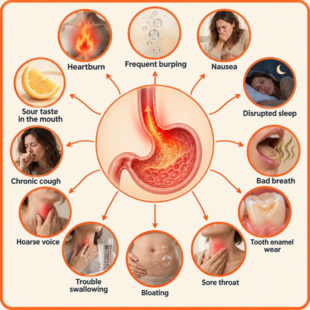 Infographic showing the esophagus and stomach in the center with arrows radiating out to symptom icons: heartburn, frequent burping, nausea, disrupted sleep, bad breath, tooth enamel wear, sore throat, bloating, trouble swallowing, hoarse voice, chronic cough, and sour taste in the mouth