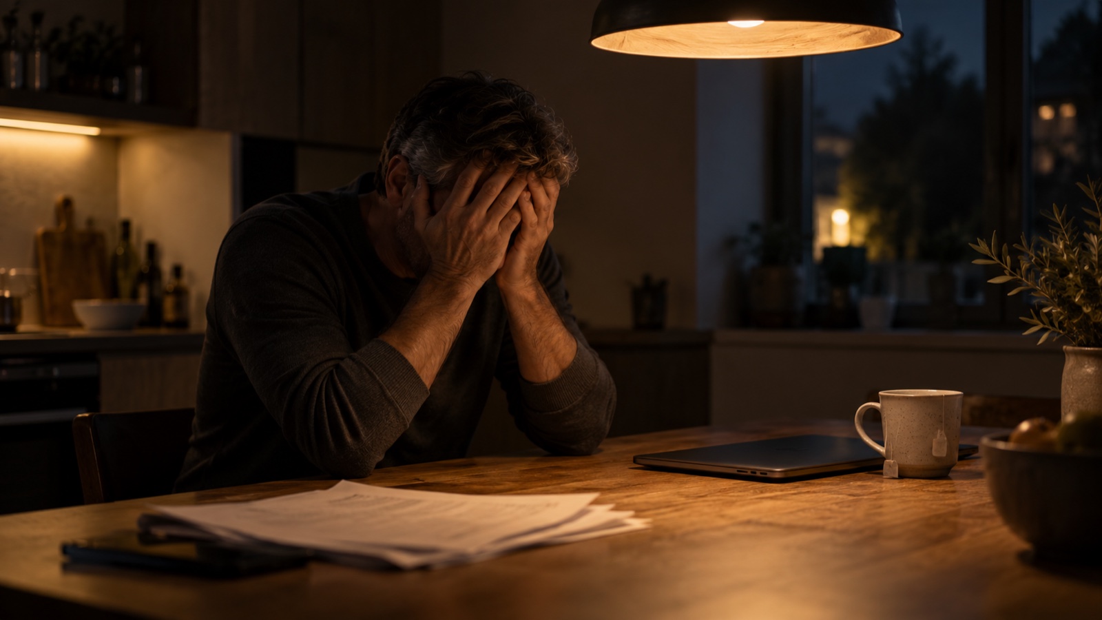 Man sitting at his kitchen table late at night, head in his hands in despair