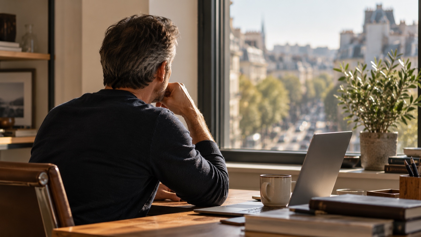 Man sitting at his office desk, resting his chin on his hand, staring out the window lost in thought