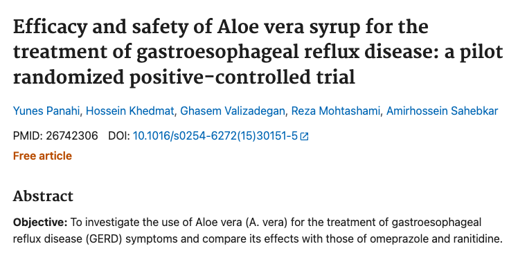 Screenshot of a published study on Aloe vera syrup for gastroesophageal reflux disease