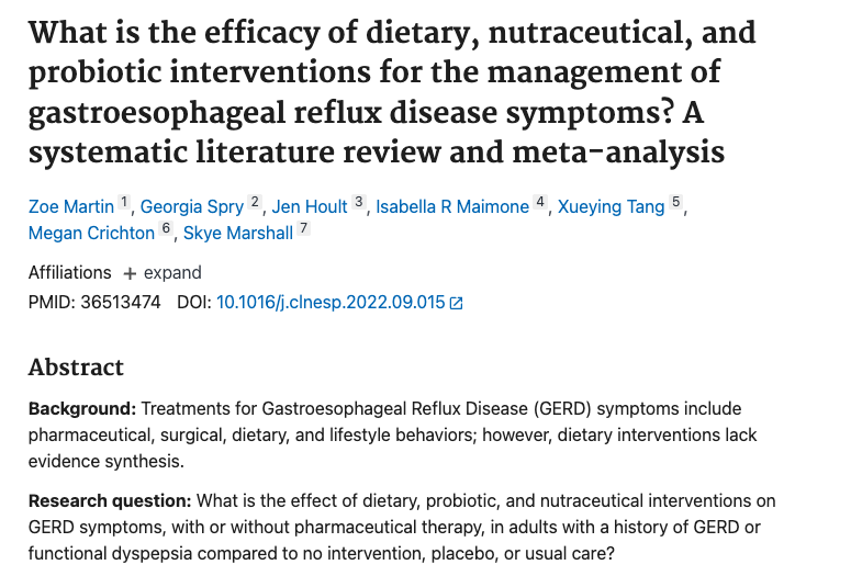 Screenshot of a published study on nutraceutical and probiotic interventions for GERD symptoms
