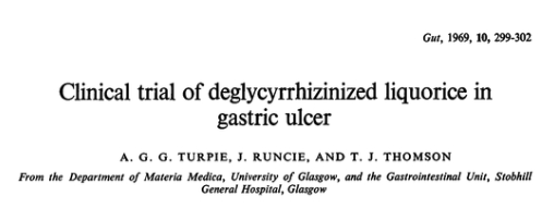 Screenshot of a published 1969 clinical trial on deglycyrrhizinated liquorice in gastric ulcer