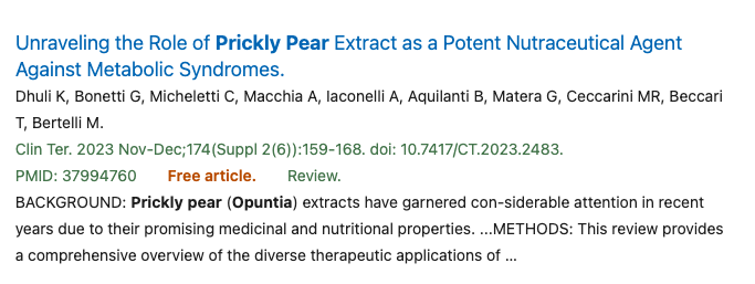 Screenshot of a published study abstract on prickly pear extract for digestive discomfort