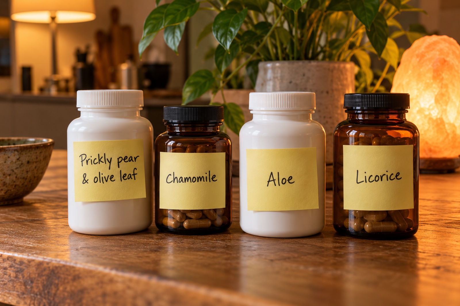 Four supplement bottles on a table, each labeled with a handwritten sticky note: prickly pear and olive leaf, chamomile, aloe, licorice