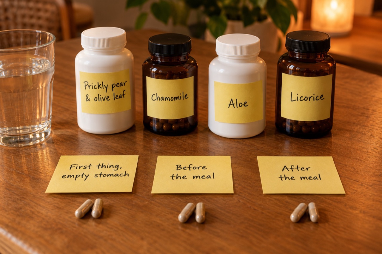 Four supplement bottles and a glass of water above three sticky notes labeled first thing empty stomach, before the meal, and after the meal, each with loose capsules